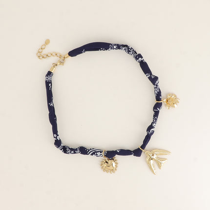 Collier - tissu ruban avec coeur, oiseau, fleur