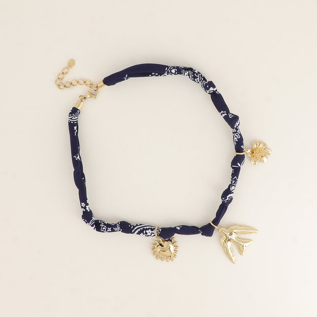 Collier - tissu ruban avec coeur, oiseau, fleur