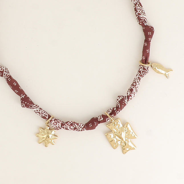 Collier - tissu ruban avec soleil, croix avec coeur et poisson