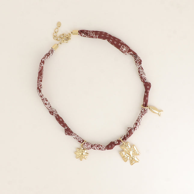 Collier - tissu ruban avec soleil, croix avec coeur et poisson