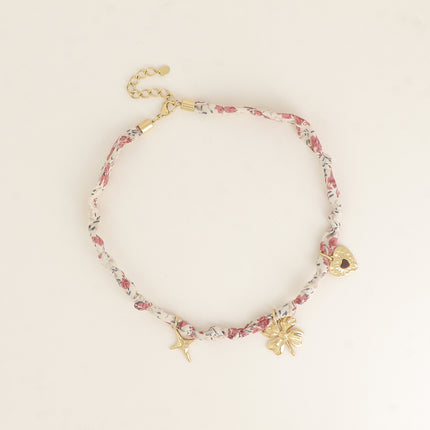 Collier - tissu ruban avec étoile, trèfle, coeur avec émail