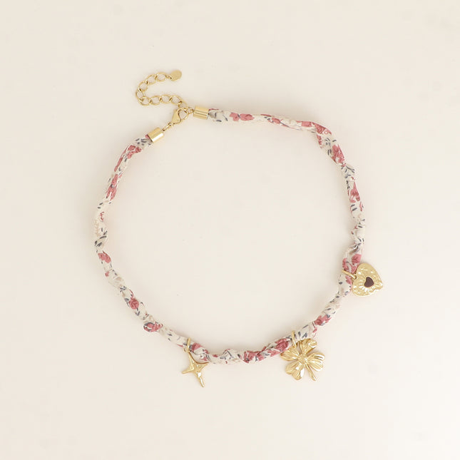 Collier - tissu ruban avec étoile, trèfle, coeur avec émail