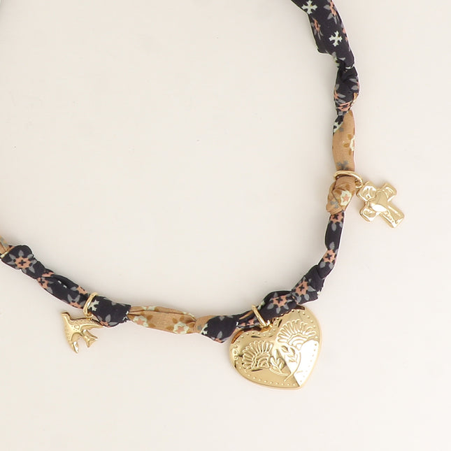 Collier - tissu ruban avec croix religieuse, coeur avec fleurs gravées, oiseau