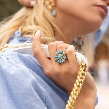Hena ring - sun flower and natural stones (cat's eye)