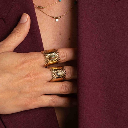 Bague large Edelyne - feuillage et pierre naturelle losange
