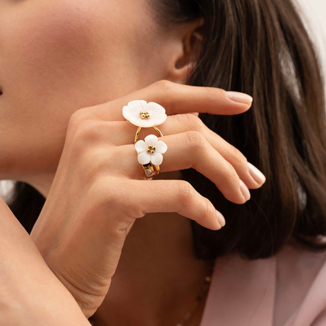 Bague Alixiane - 2 rangs avec cristal rond et fleur nacrée