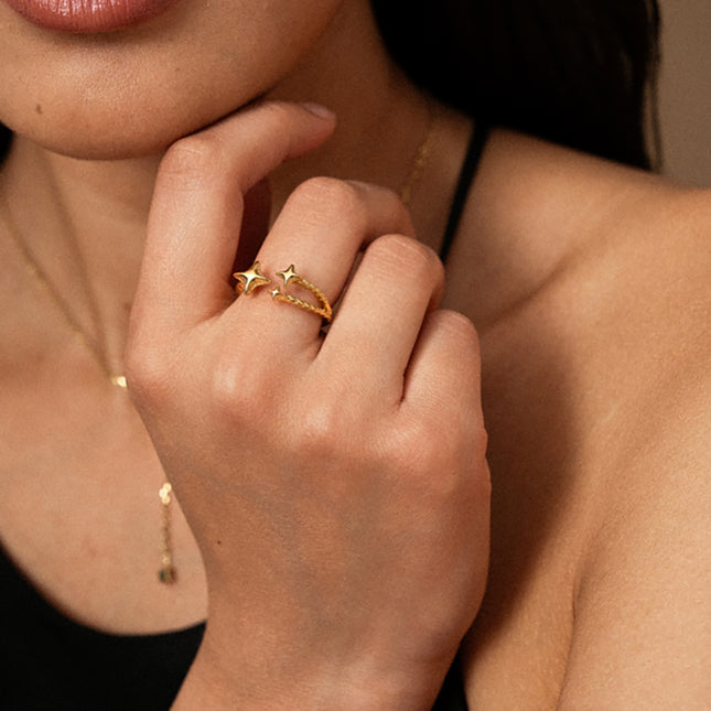 Bague ouverte Trélya - anneau tressé et 3 étoiles du Nord