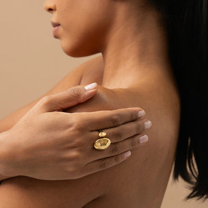 Open ring - large oval with engraved polka dots and small smooth oval