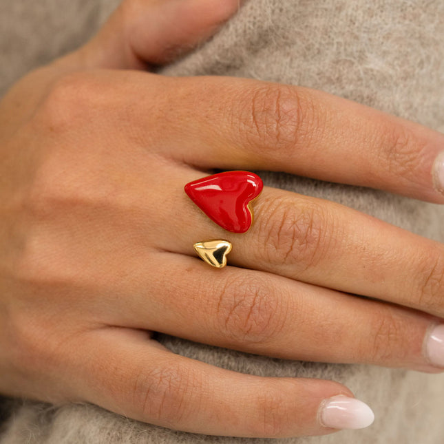 Bague ouverte - 2 coeurs avec émail