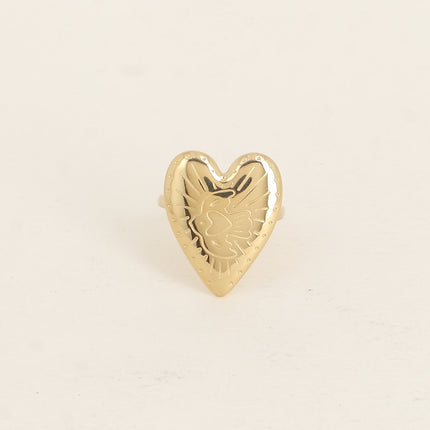 Bague - grand coeur avec oiseau gravé