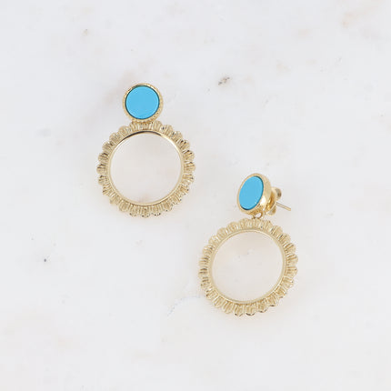 BS0117 stud earrings - round natural stone and interchangeable ring piece with textured petals