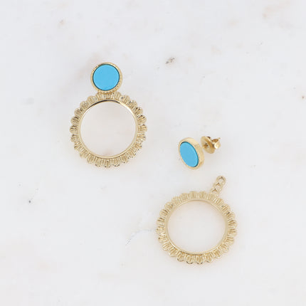 BS0117 stud earrings - round natural stone and interchangeable ring piece with textured petals