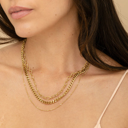 Collier 3 rangs avec mailles gourmettes et ovales texturés