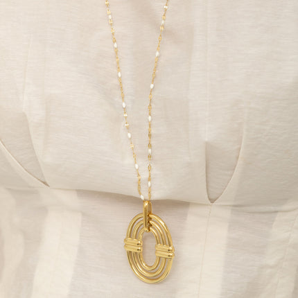 Long necklace - enameled chain, large pendant with 3 rings and bars
