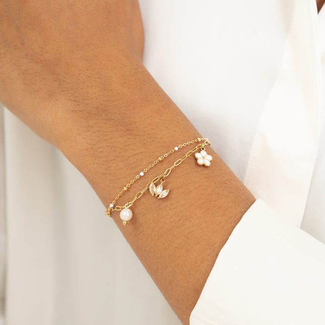 Two-strand bracelet - mesh with enamel, oval rings and 3 pendants (flower, crystal diadem, freshwater pearl)