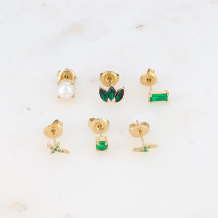 Set de 6 boucles puces - cristaux, perle d'eau douce, éclair et étoile