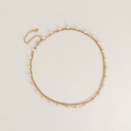 Collier - 6 rangs, 5 mailles forçat et maille avec perles d'eau douce
