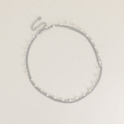 Collier - 6 rangs, 5 mailles forçat et maille avec perles d'eau douce