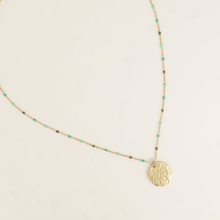 Collier - chaîne émaillée et pendentif rond texturé avec arbre de vie