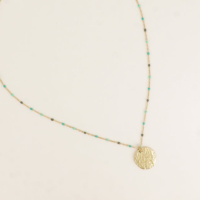 Collier - chaîne émaillée et pendentif rond texturé avec arbre de vie