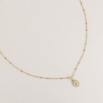 Collier - chaîne émaillée, pendentif ovale milgrain et forme navette avec 2 cristaux