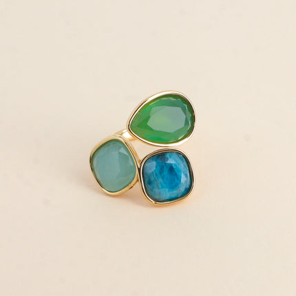 Bague ouverte Idrissa - 3 pierres naturelles, goutte et carrées 10mm