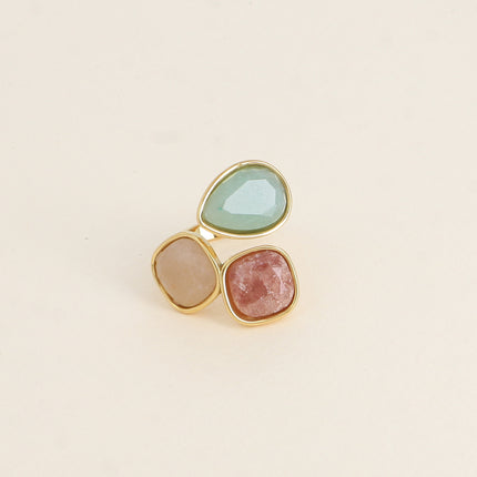 Bague ouverte Idrissa - 3 pierres naturelles, goutte et carrées 10mm