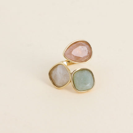 Idrissa open ring - 3 natural stones, teardrop and square 10mm