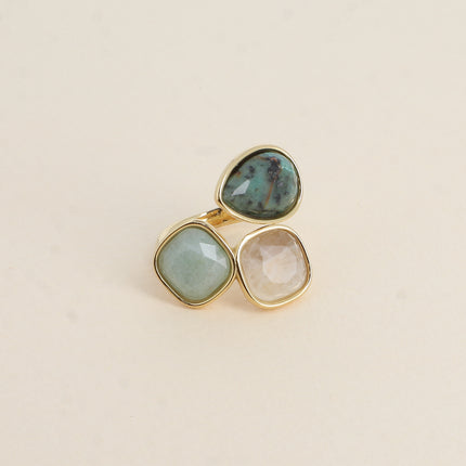 Bague ouverte Idrissa - 3 pierres naturelles, goutte et carrées 10mm