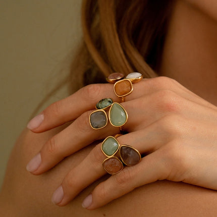 Bague ouverte Idrissa - 3 pierres naturelles, goutte et carrées 10mm