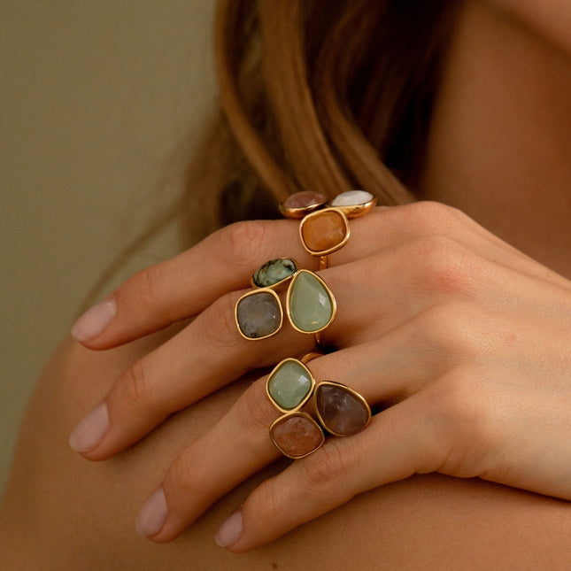 Idrissa open ring - 3 natural stones, teardrop and square 10mm