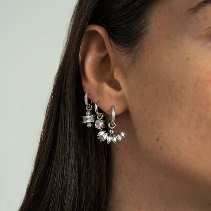 Set of 3 hoop earrings - in stainless steel with crystal (rectangle, clover and foliage)