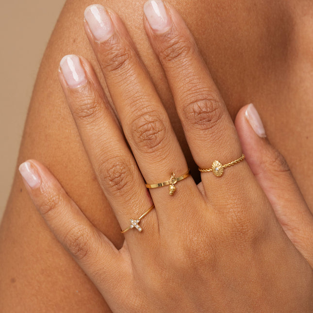 Set of 3 rings - ball, oval and textured diamond, cross and cubic zirconia