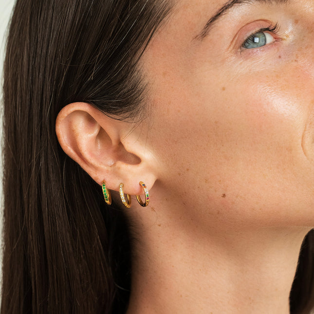 Mini hoop earrings - 6 cubic zirconia stones, 14mm