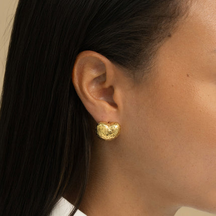 Stud earrings - domed heart, ribbed lines