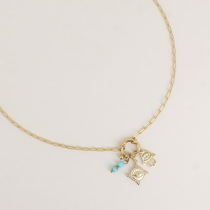 Collier - maille ovale, fermoir bouée, main de Fatma, oeil avec cristal et 2 pierres naturelles