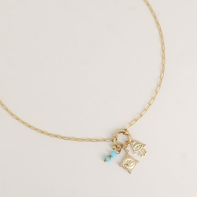 Collier - maille ovale, fermoir bouée, main de Fatma, oeil avec cristal et 2 pierres naturelles