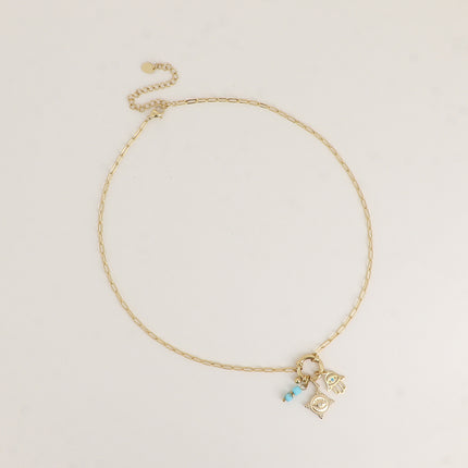 Collier - maille ovale, fermoir bouée, main de Fatma, oeil avec cristal et 2 pierres naturelles
