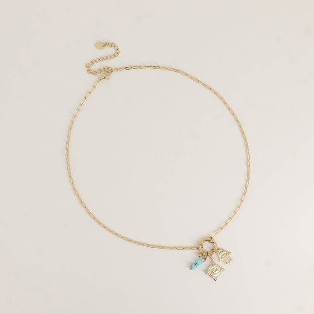Collier - maille ovale, fermoir bouée, main de Fatma, oeil avec cristal et 2 pierres naturelles