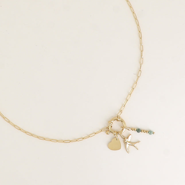 Collier - pierres naturelles, oiseau et coeur