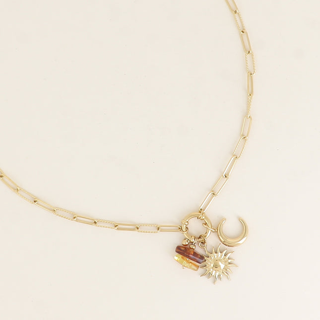Collier - maille ovale lisse et torsadée, fermoir bouée, lune, soleil et perles de résine