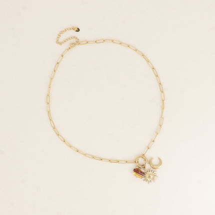Collier - maille ovale lisse et torsadée, fermoir bouée, lune, soleil et perles de résine