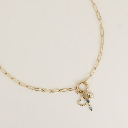 Collier - maille ovale alternée lisse et torsadée, fermoir bouée avec coeur grainé, tige de pierres naturelles et étoile