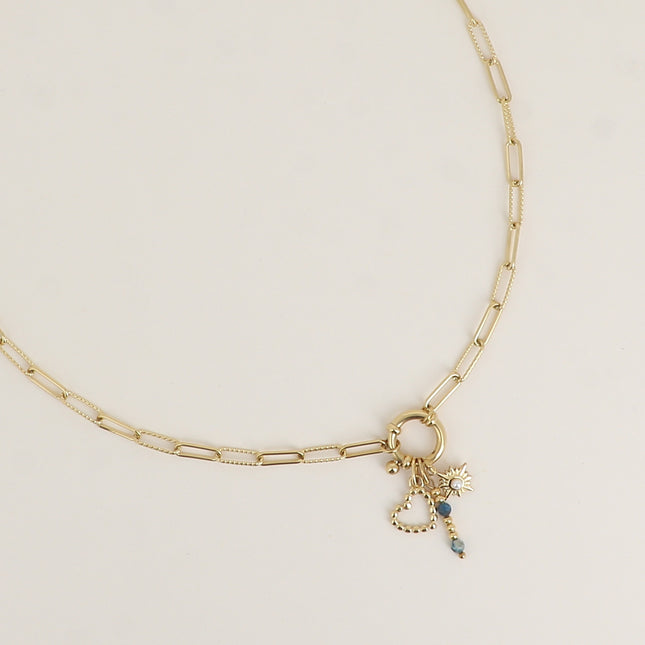 Collier - maille ovale alternée lisse et torsadée, fermoir bouée avec coeur grainé, tige de pierres naturelles et étoile