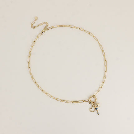 Collier - maille ovale alternée lisse et torsadée, fermoir bouée avec coeur grainé, tige de pierres naturelles et étoile
