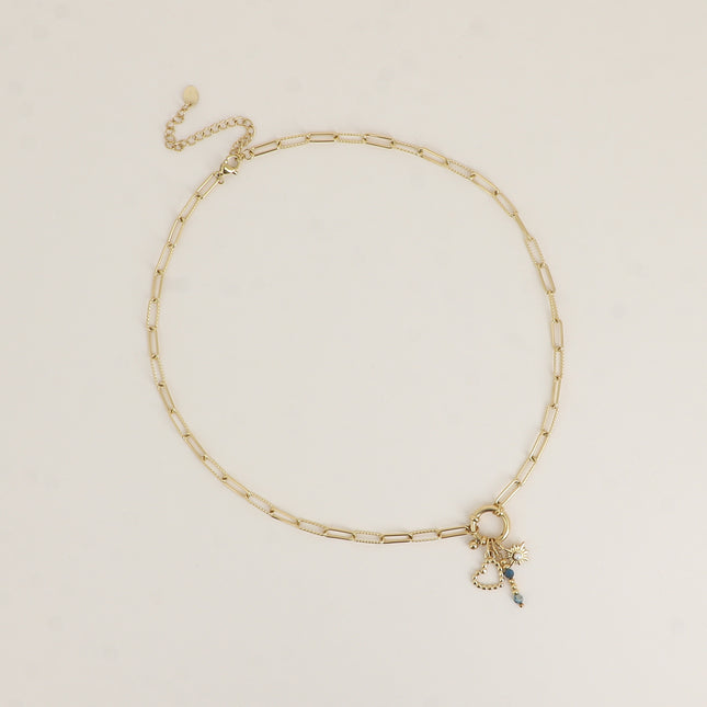 Collier - maille ovale alternée lisse et torsadée, fermoir bouée avec coeur grainé, tige de pierres naturelles et étoile