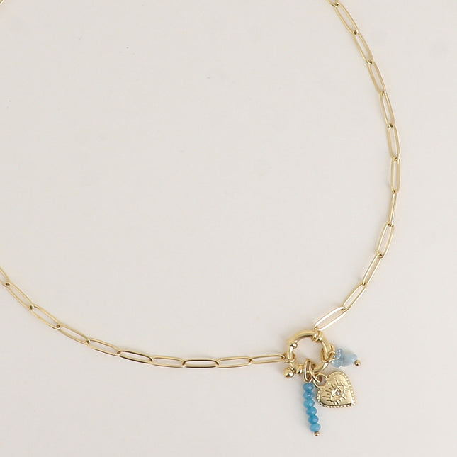 Collier - maille ovale, fermoir bouée, pierres naturelles, coeur avec oeil gravé