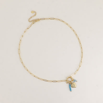 Collier - maille ovale, fermoir bouée, pierres naturelles, coeur avec oeil gravé