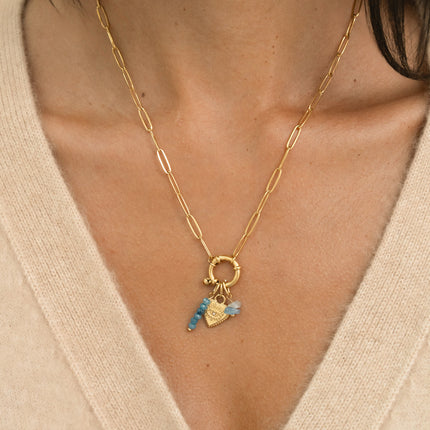Collier - maille ovale, fermoir bouée, pierres naturelles, coeur avec oeil gravé