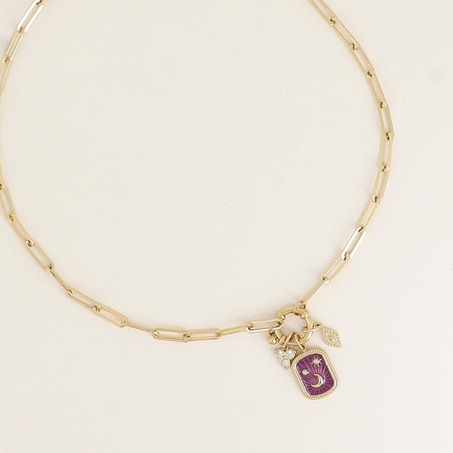 Collier - losange, 3 cristaux, émail, étoile et lune